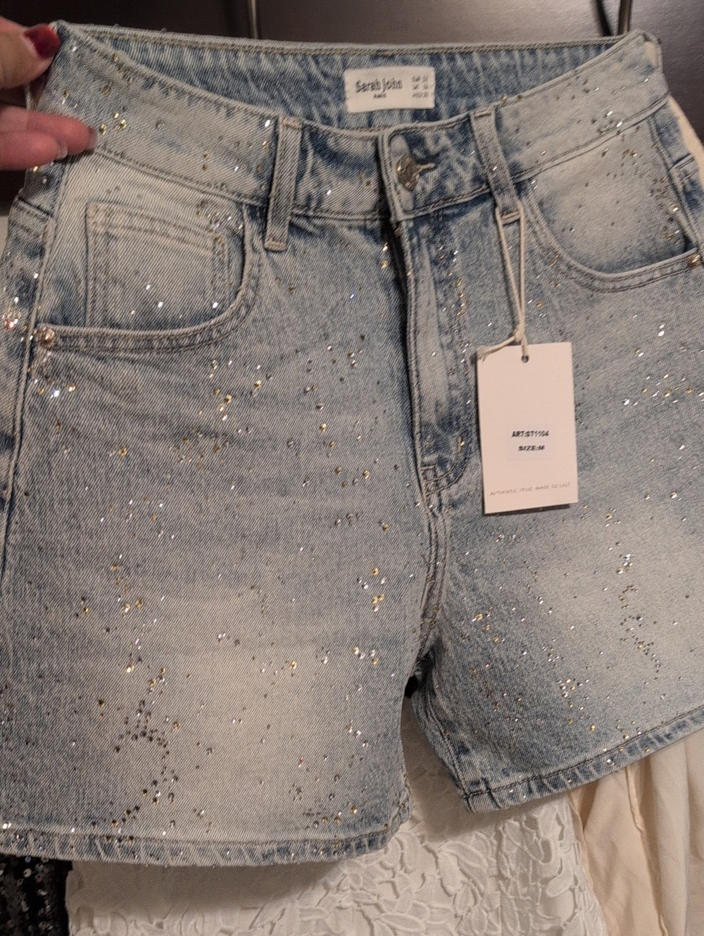 SARAH JOHN PARIS Silver Light Reflection Crystal Rhinestones- Denim.Shorts M